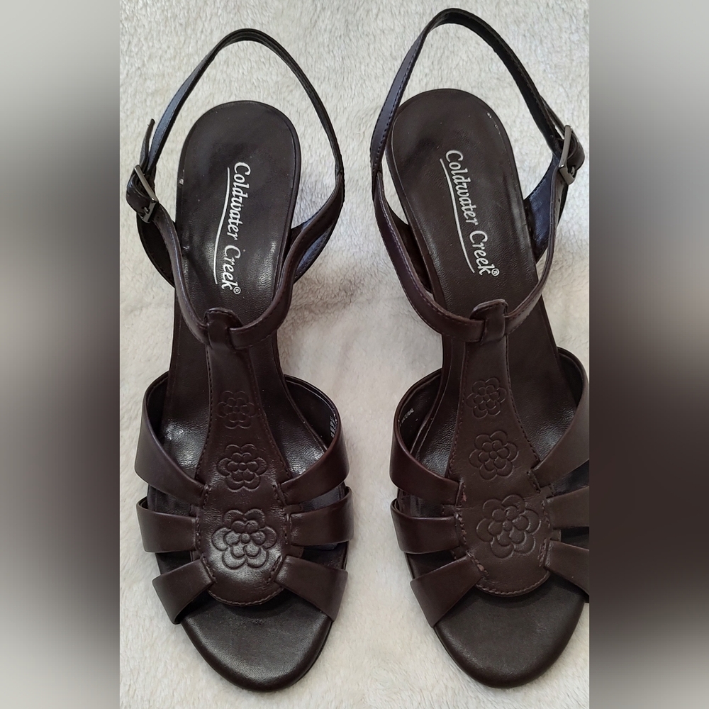 Coldwater Creek Dark Brown Floral Sandals Leather Wedge